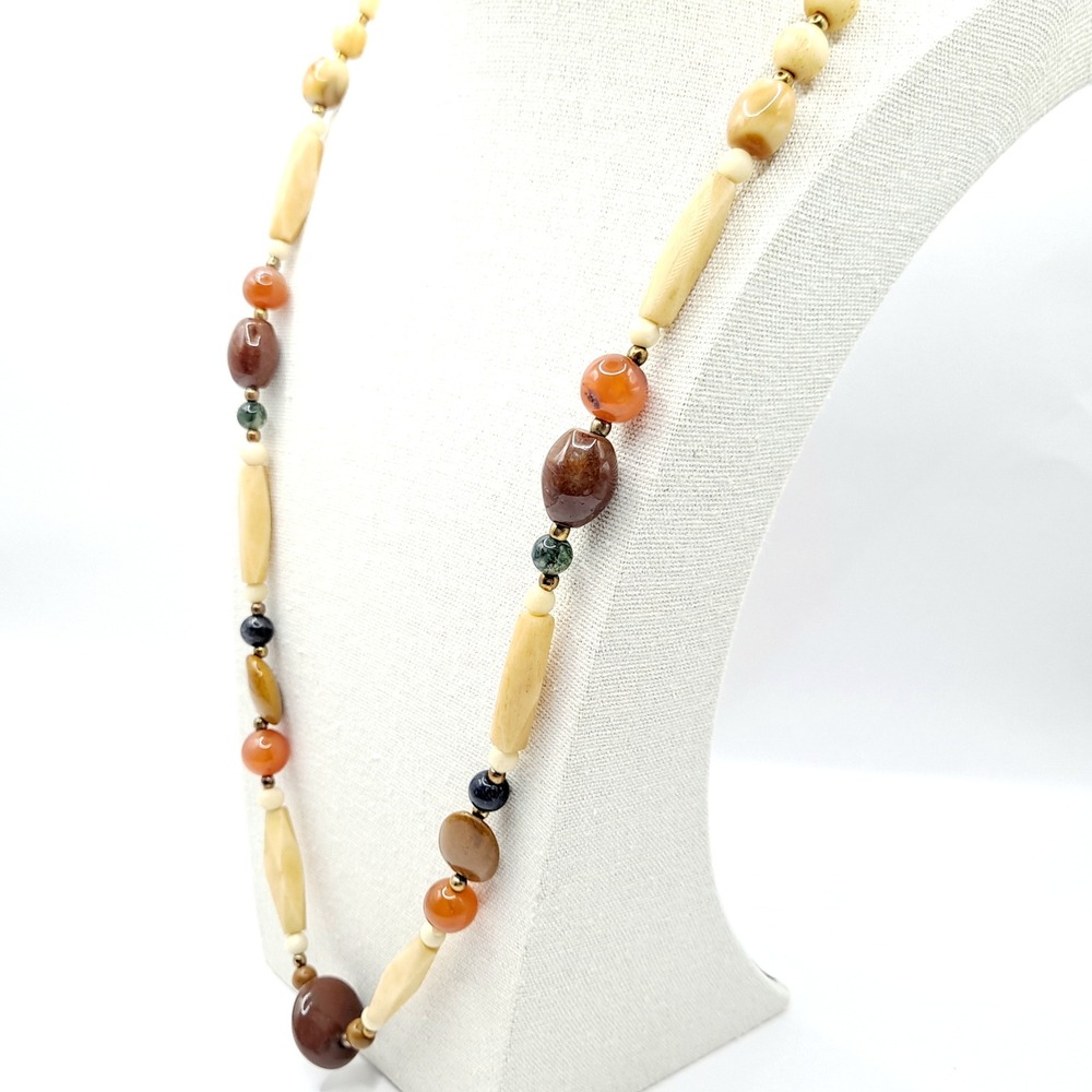 Vintage Beggars Bead Necklace Polished Stone Fall Earth Tones 28" - Picture 6 of 13
